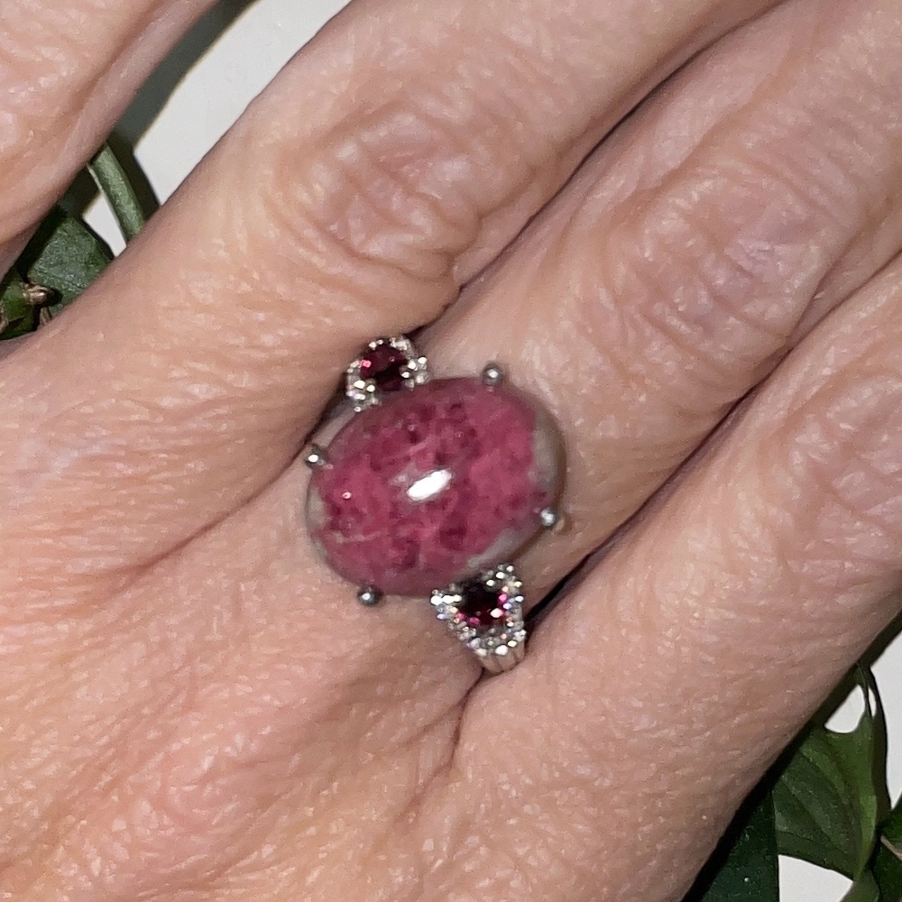 Norwegian Thulite Silver Ring with Garnet and diamond